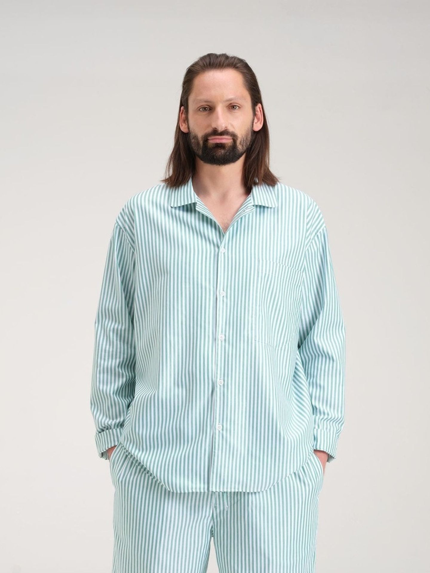 Avonté Pyjama Shirt gratitude green stripe 1